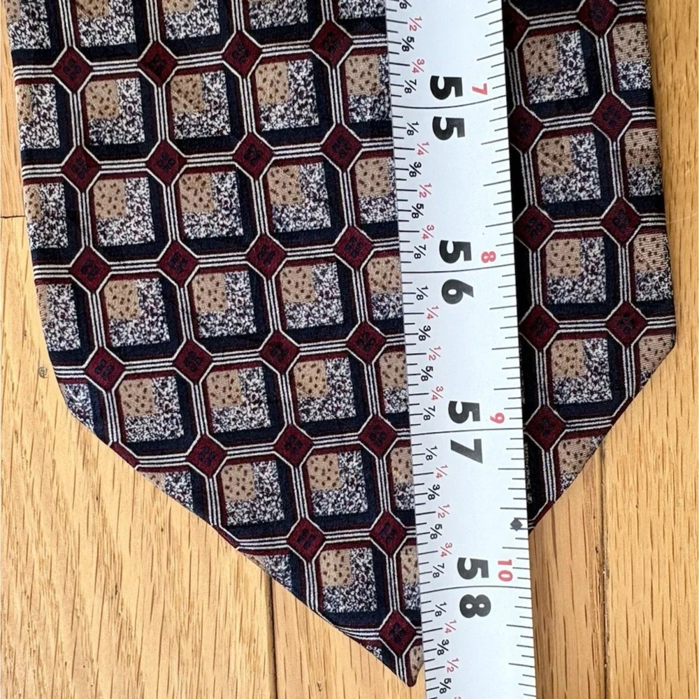 Ron Chereskin Silk Tie Handmade Korea Geometric 90s Burgundy Cream Beige 58.5